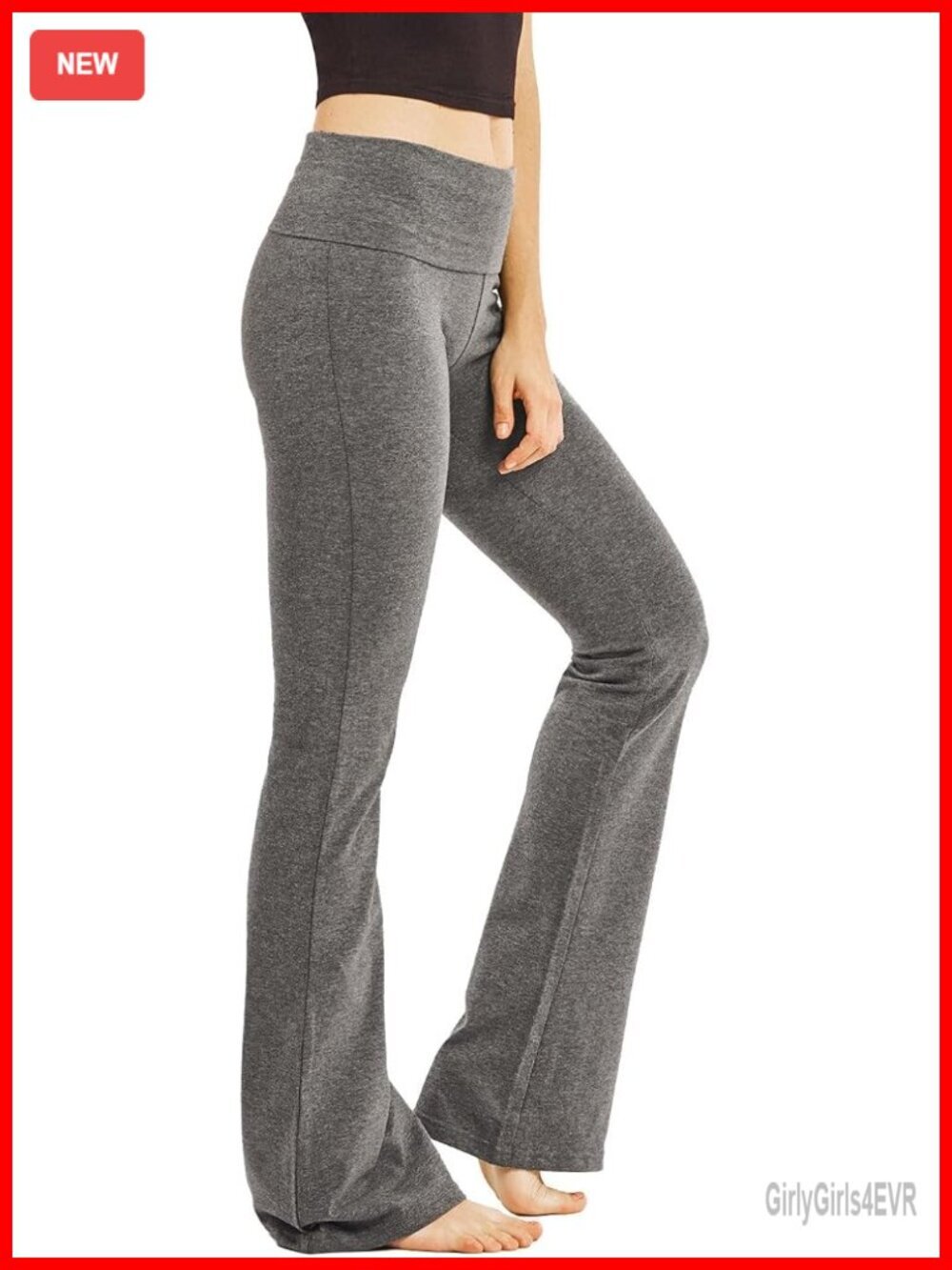 Cotton Spandex Yoga Pants High Rise Flared Fold Over Waistband